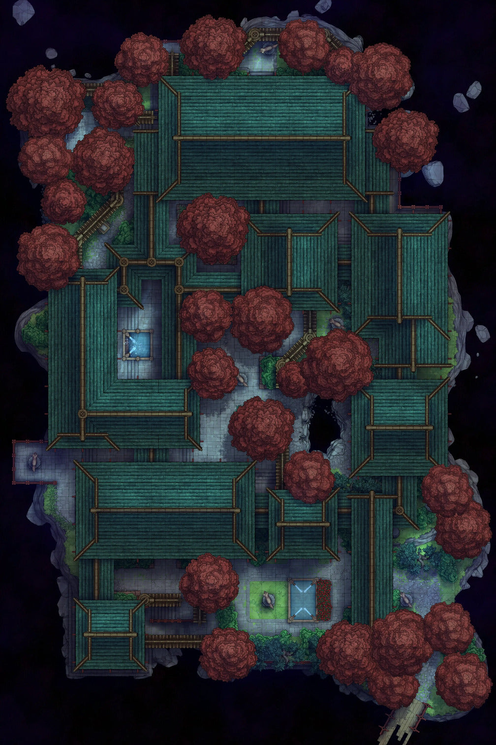 Fox Spirit’s Island Palace - Modular Dungeon Tileset Battlemap - green wooden house red flowers - Digital, Foundry VTT,