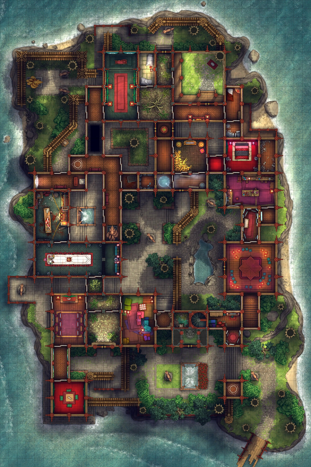 Fox Spirit’s Island Palace - Modular Dungeon Tileset Battlemap - wooden island map colorful rooms - Digital, Foundry