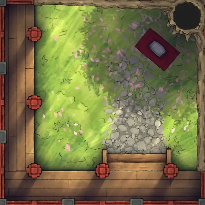 Fox Spirit’s Island Palace - Modular Dungeon Tileset Battlemap - wooden garden bench red cushion - Digital, Foundry