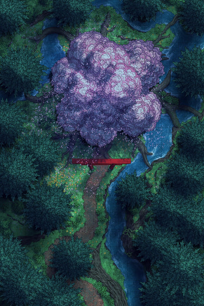 Giant Hollow Tree Shrine & More Battlemap - overhead view forest red bridge - Digital, Foundry VTT, Print