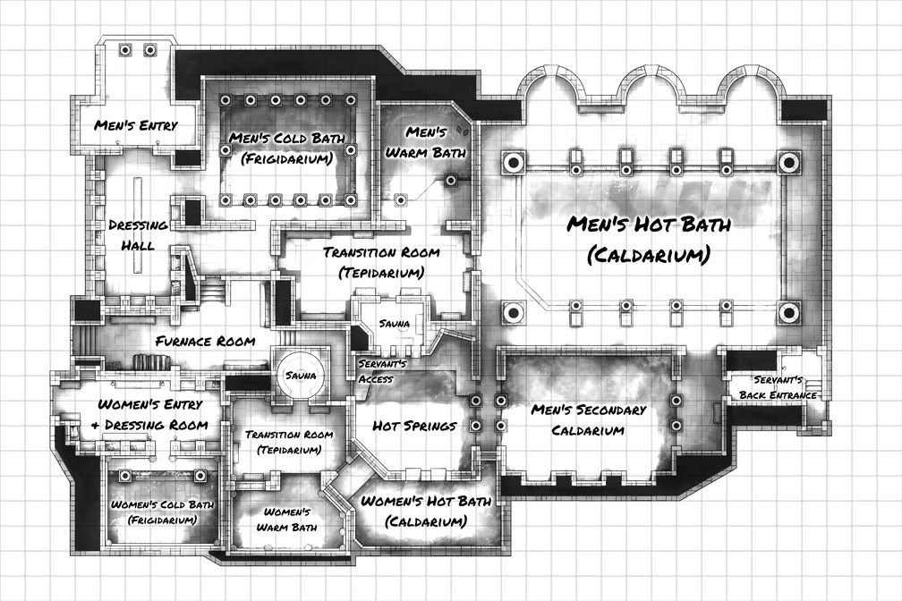 Greco-Roman Bathhouse Battlemap - floor plan bathhouse - Digital, Foundry VTT, Print