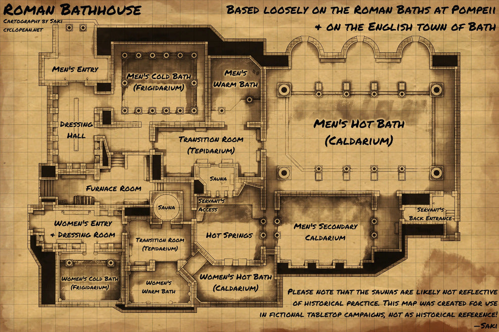 Greco-Roman Bathhouse Battlemap - roman bathhouse floor plan - Digital, Foundry VTT, Print