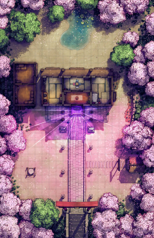 Hakurei Shrine Battlemap - japanese-style cherry blossom surroundings - Digital, Foundry VTT, Print