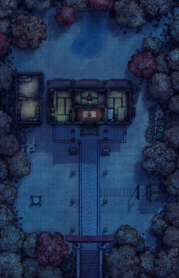 Hakurei Shrine Battlemap - nighttime temple complex - Digital, Foundry VTT, Print