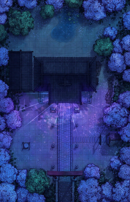 Hakurei Shrine Battlemap - nighttime temple courtyard - Digital, Foundry VTT, Print