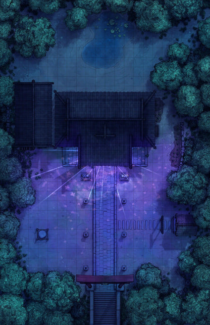 Hakurei Shrine Battlemap - nighttime temple courtyard - Digital, Foundry VTT, Print