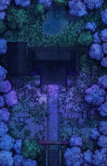 Hakurei Shrine Battlemap - overhead view dark forested temple - Digital, Foundry VTT, Print
