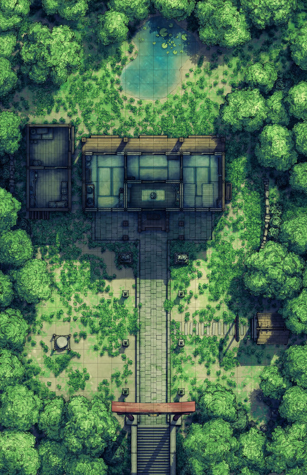 Hakurei Shrine Battlemap - overhead view temple complex - Digital, Foundry VTT, Print