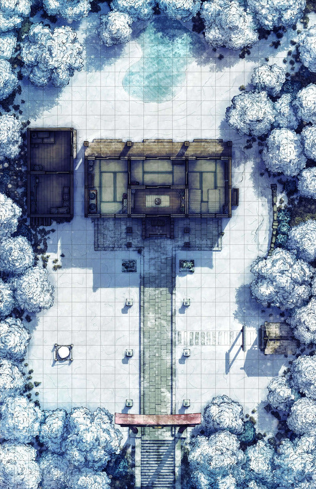 Hakurei Shrine Battlemap - snowy asian estate - Digital, Foundry VTT, Print