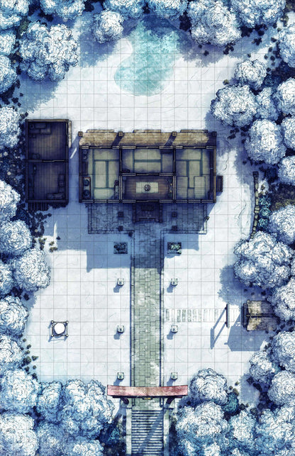Hakurei Shrine Battlemap - snowy asian estate - Digital, Foundry VTT, Print