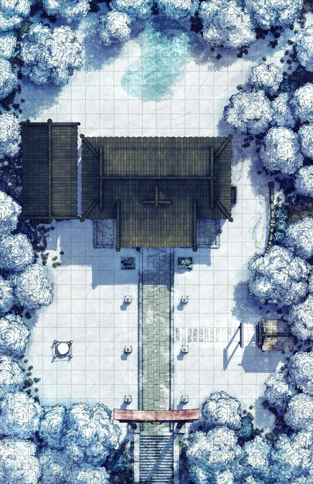 Hakurei Shrine Battlemap - snowy temple complex - Digital, Foundry VTT, Print