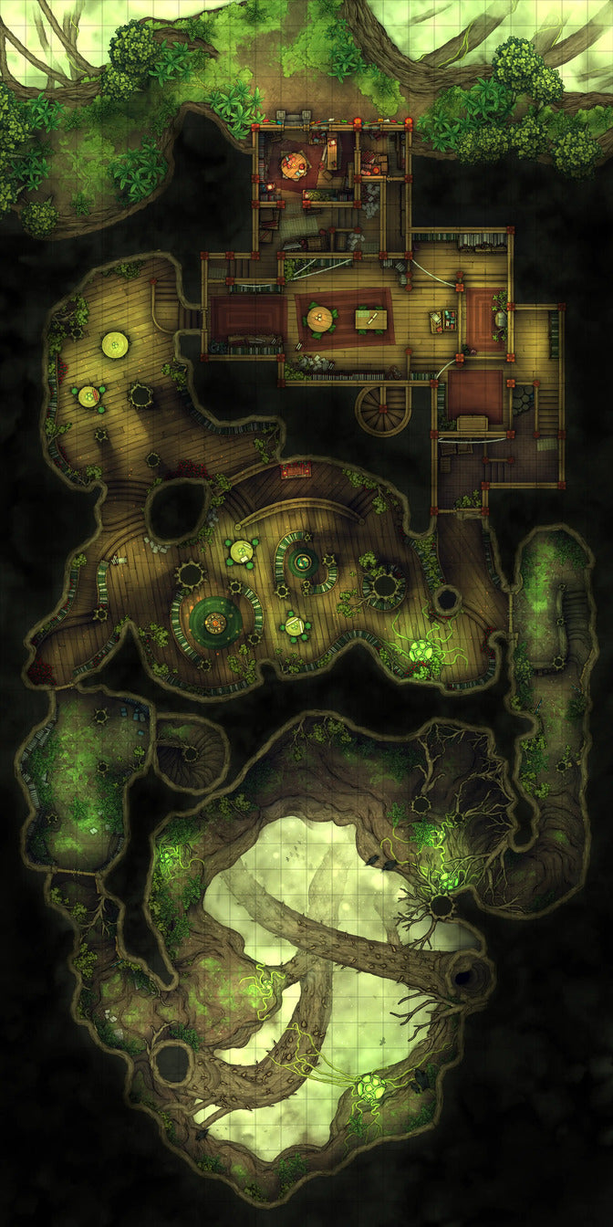 Hidden Spirit Tree Library Battlemap - steampunk-inspired clockwork engine model intricate - Digital, Foundry VTT, Print