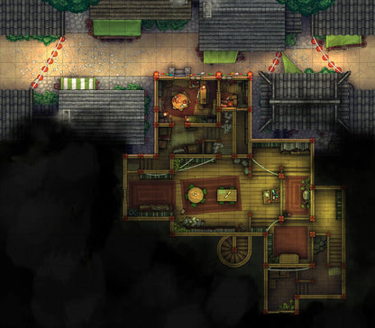 Hidden Spirit Tree Library Battlemap - wooden cabin stone roof brick - Digital, Foundry VTT, Print