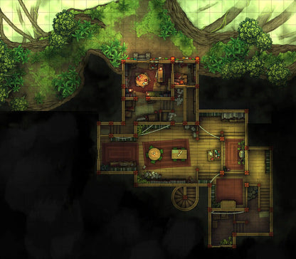 Hidden Spirit Tree Library Battlemap - wooden cabin thatched roof rustic - Digital, Foundry VTT, Print