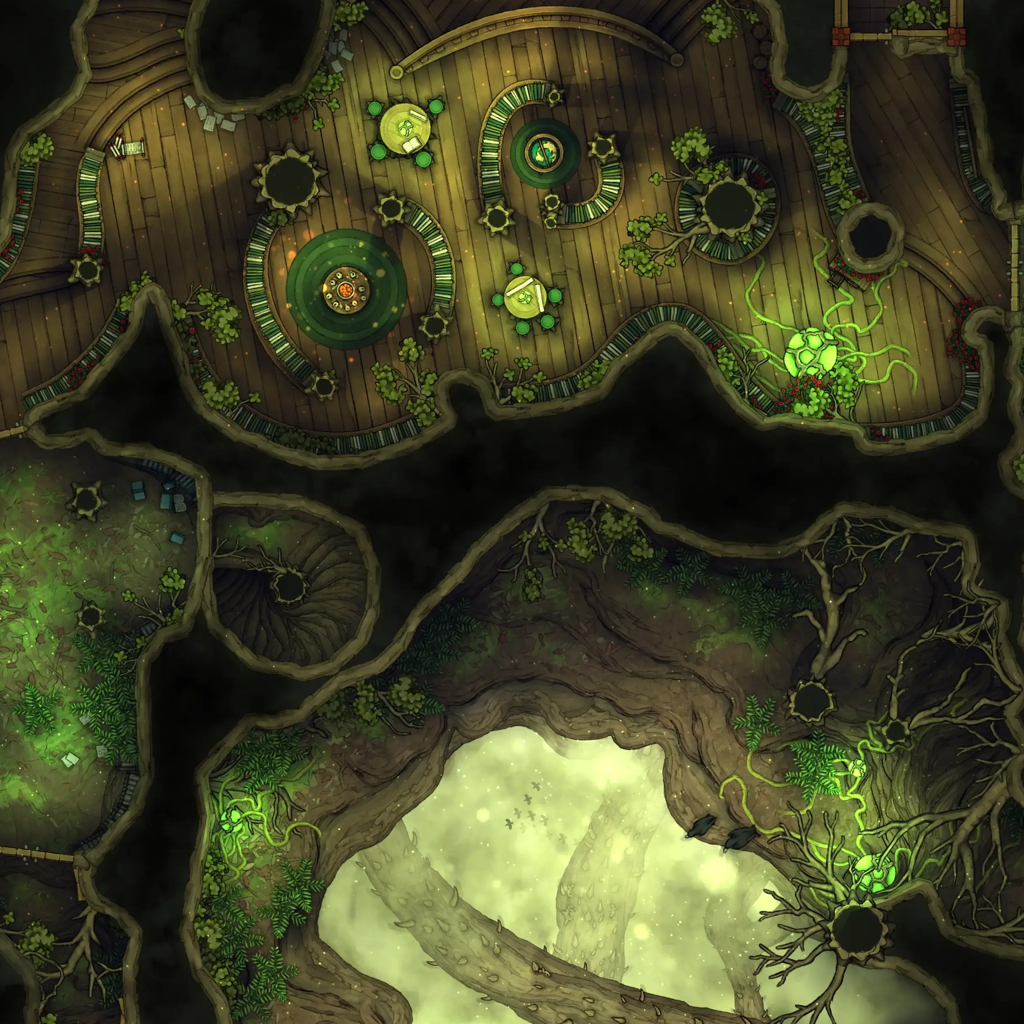 Hidden Spirit Tree Library Battlemap - wooden circular table green accents - Digital, Foundry VTT, Print