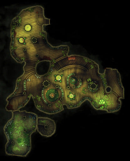 Hidden Spirit Tree Library Battlemap - wooden map green accents circular - Digital, Foundry VTT, Print
