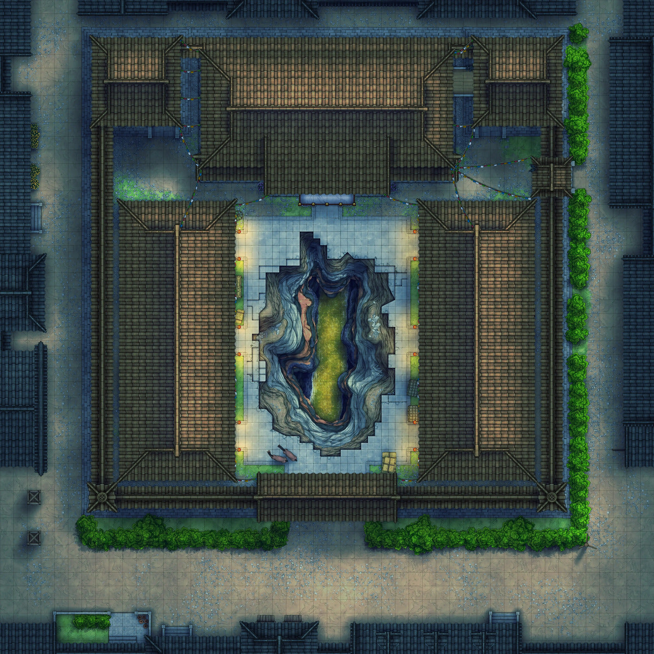Imperial Caravanserai Post Station & Inn Battlemap - asian-style courtyard central chasm - Digital, Foundry VTT, Print