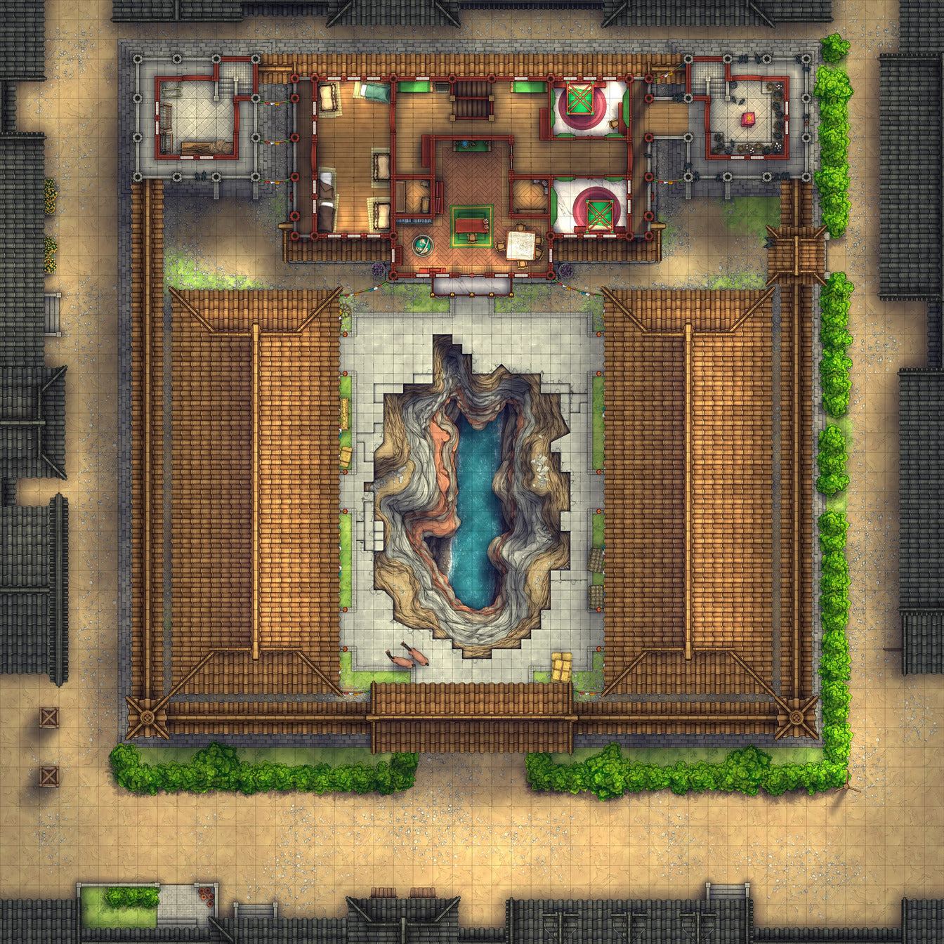Imperial Caravanserai Post Station & Inn Battlemap - asian-style courtyard central chasm - Digital, Foundry VTT, Print