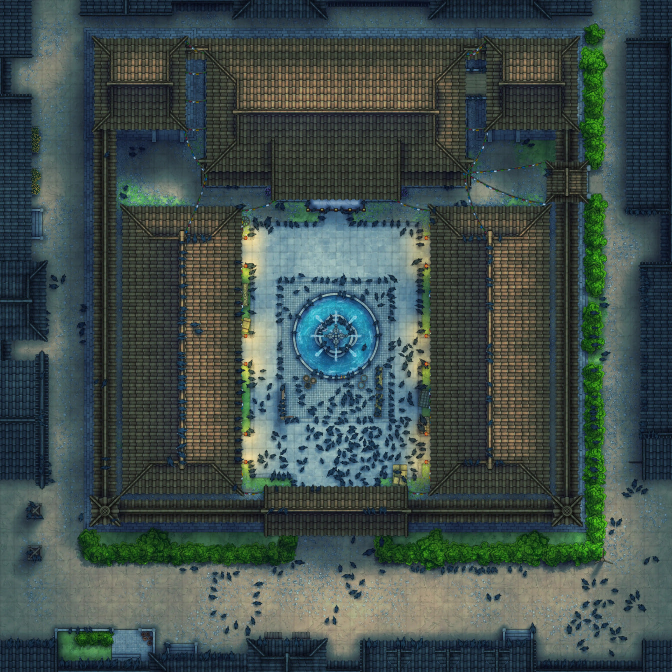 Imperial Caravanserai Post Station & Inn Battlemap - crowded city square fountain - Digital, Foundry VTT, Print