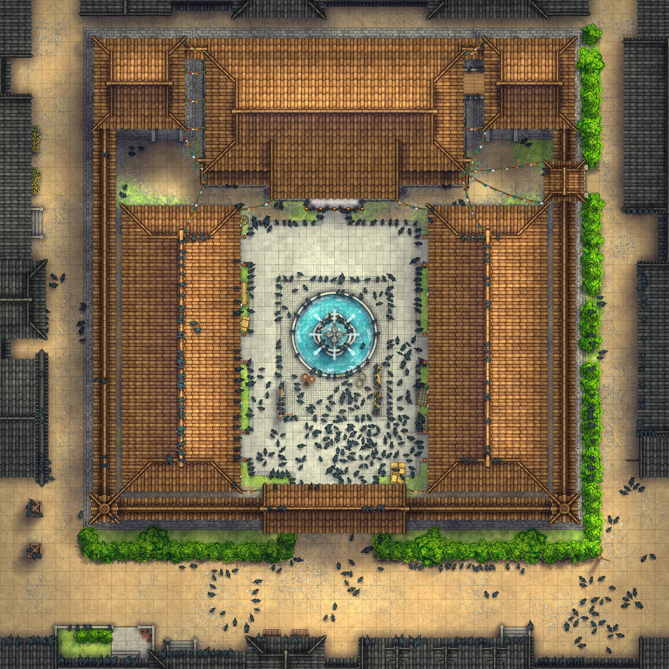Imperial Caravanserai Post Station & Inn Battlemap - crowded courtyard fountain - Digital, Foundry VTT, Print