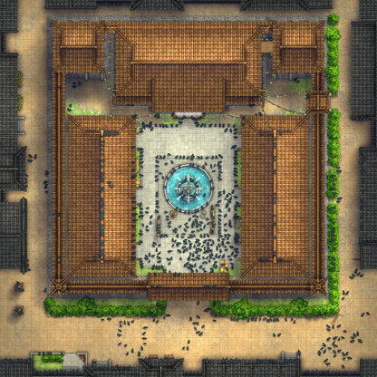 Imperial Caravanserai Post Station & Inn Battlemap - crowded courtyard fountain - Digital, Foundry VTT, Print