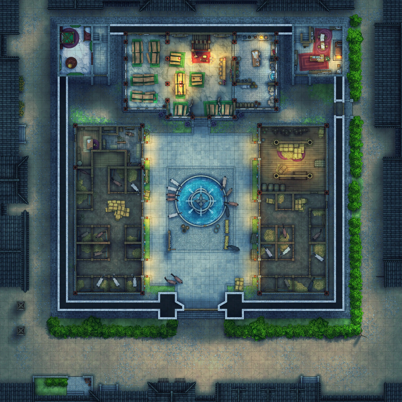 Imperial Caravanserai Post Station & Inn Battlemap - fantasy city marketplace - Digital, Foundry VTT, Print