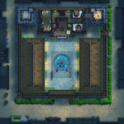 Imperial Caravanserai Post Station & Inn Battlemap - overhead view courtyard fountain - Digital, Foundry VTT, Print