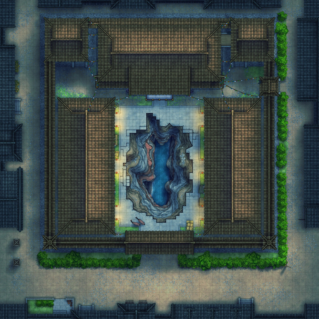 Imperial Caravanserai Post Station & Inn Battlemap - overhead view courtyard central chasm - Digital, Foundry VTT, Print