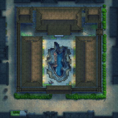 Imperial Caravanserai Post Station & Inn Battlemap - overhead view courtyard central chasm - Digital, Foundry VTT, Print