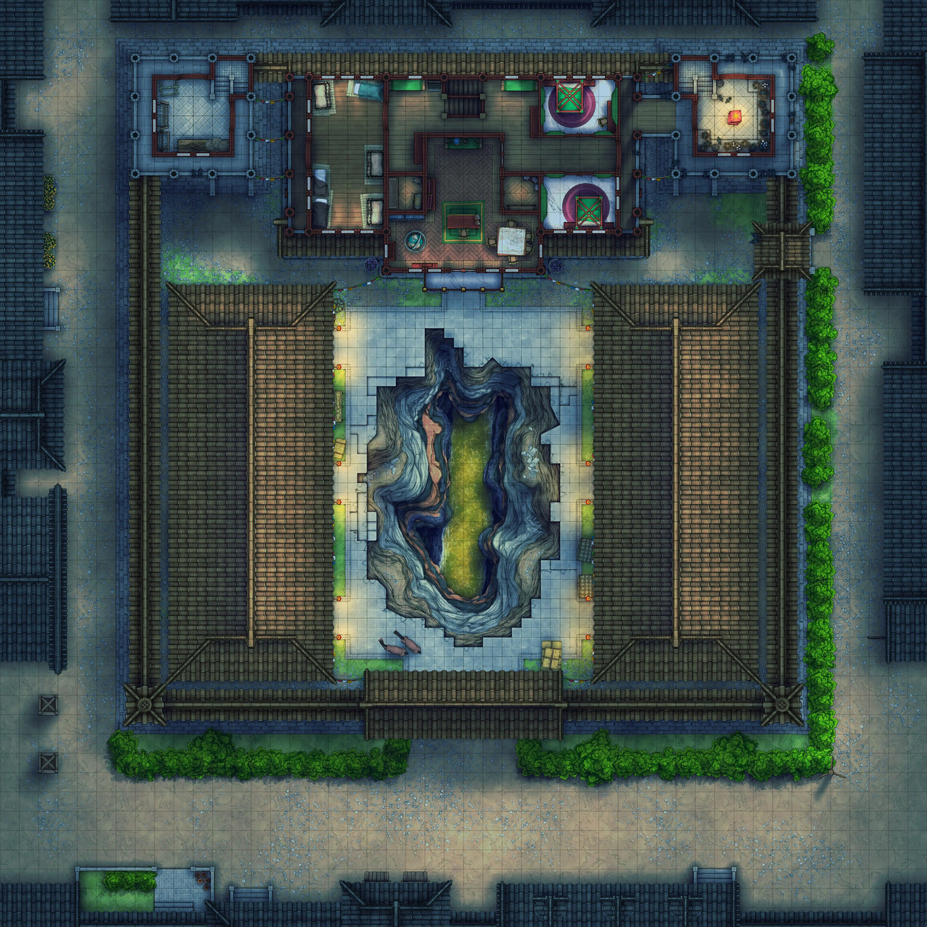 Imperial Caravanserai Post Station & Inn Battlemap - overhead view asian-style courtyard - Digital, Foundry VTT, Print