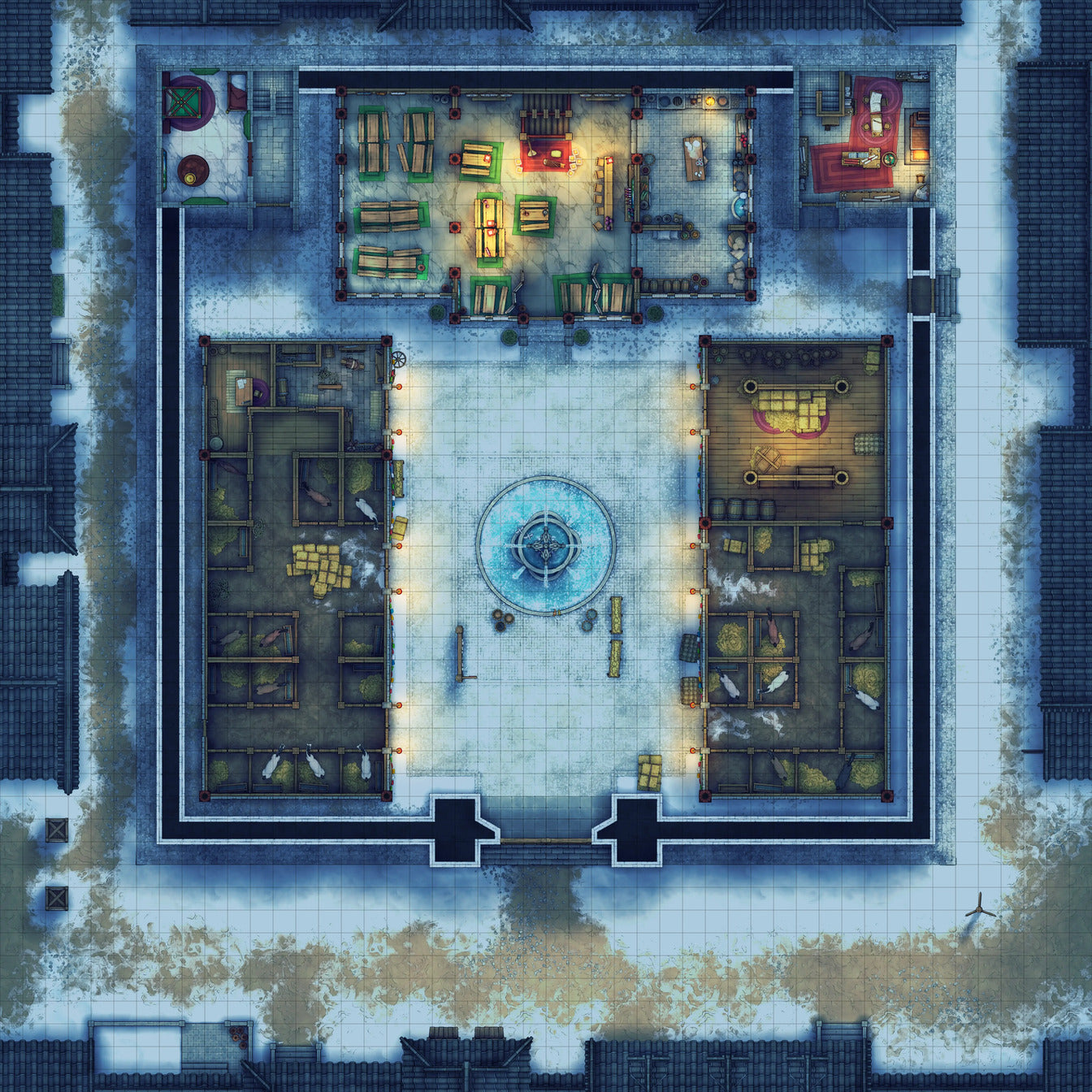 Imperial Caravanserai Post Station & Inn Battlemap - snowy courtyard buildings - Digital, Foundry VTT, Print