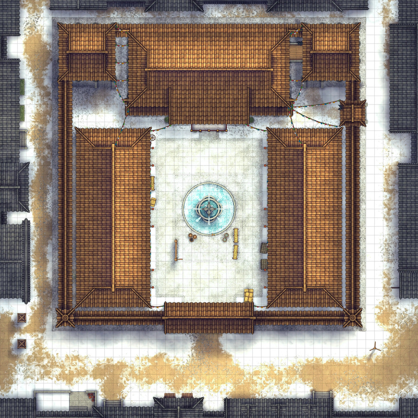 Imperial Caravanserai Post Station & Inn Battlemap - square courtyard buildings - Digital, Foundry VTT, Print