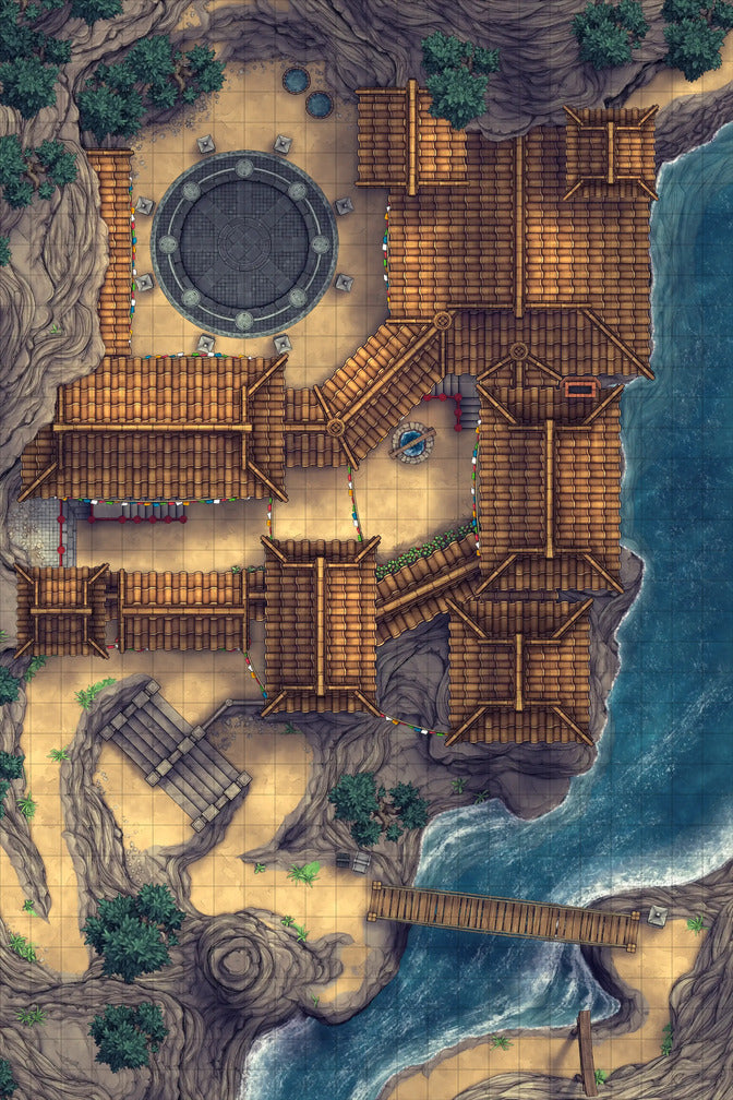 Iron Gate Monk Monastery Battlemap - coastal temple complex - Digital, Foundry VTT, Print