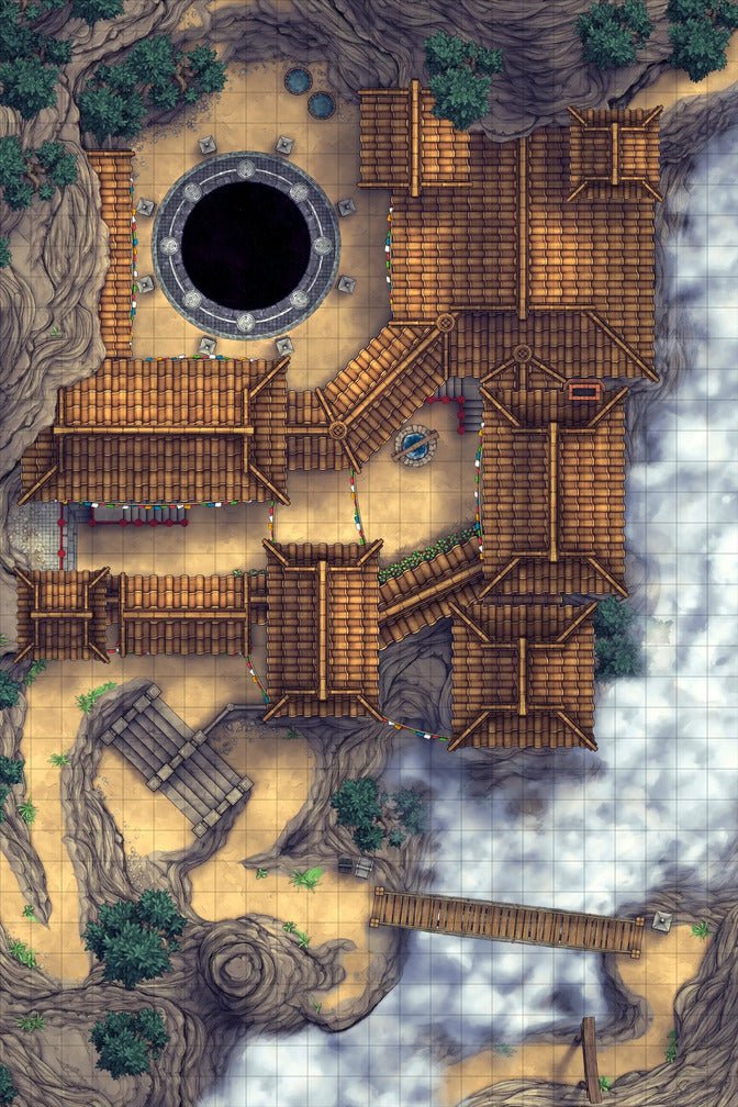 Iron Gate Monk Monastery Battlemap - overhead view fantasy village - Digital, Foundry VTT, Print