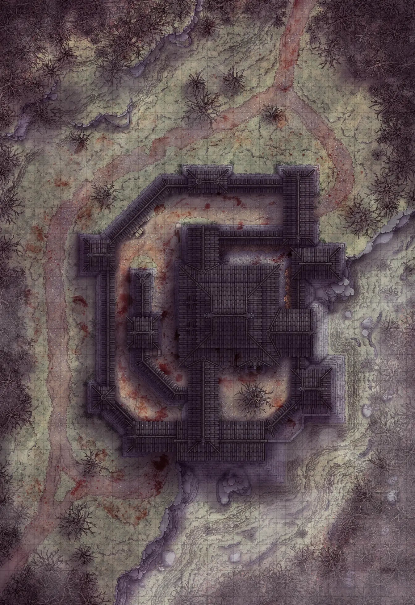 Japanese Castle Exterior Battlemap - dark fortified castle ruins - Digital, Foundry VTT, Print