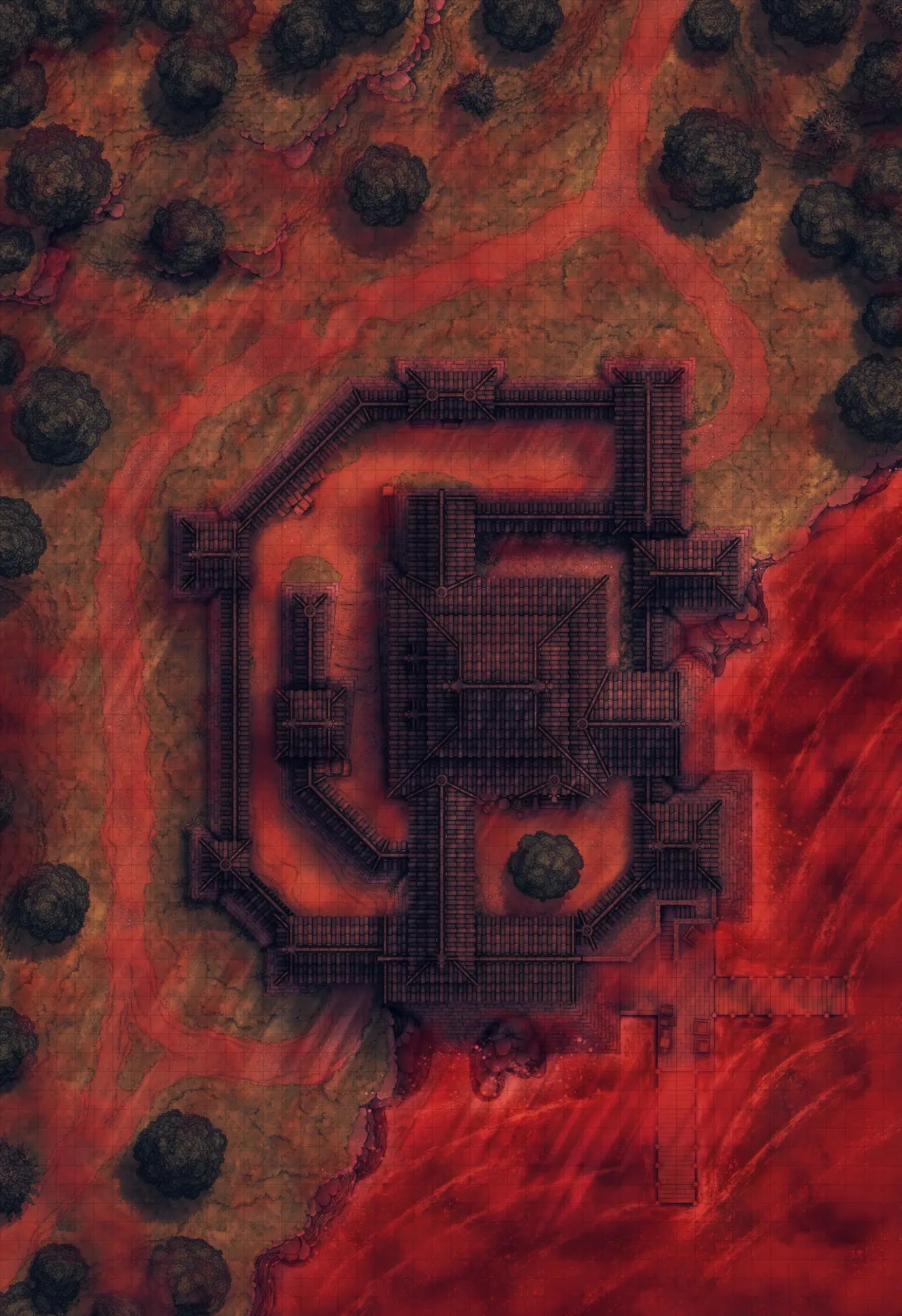Japanese Castle Exterior Battlemap - dark fortress surrounded red - Digital, Foundry VTT, Print
