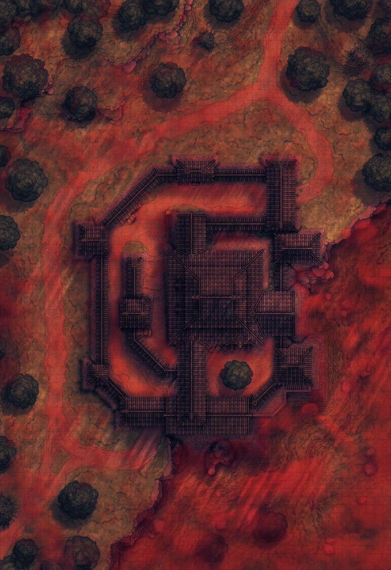 Japanese Castle Exterior Battlemap - dark fortress surrounded red terrain - Digital, Foundry VTT, Print