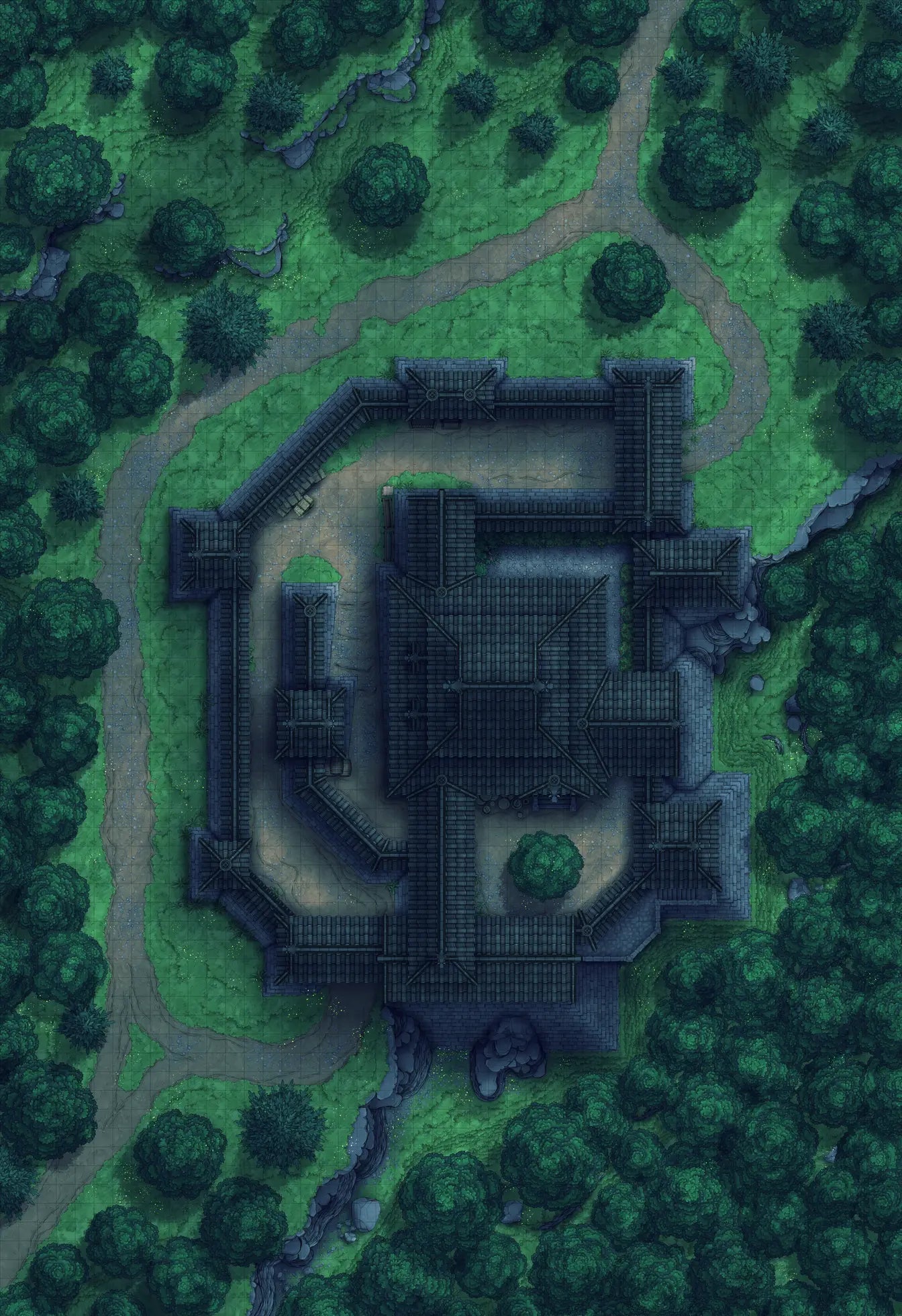 Japanese Castle Exterior Battlemap - dark stone castle - Digital, Foundry VTT, Print