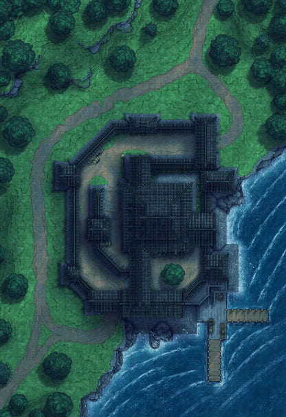Japanese Castle Exterior Battlemap - dark stone lakeside manor - Digital, Foundry VTT, Print