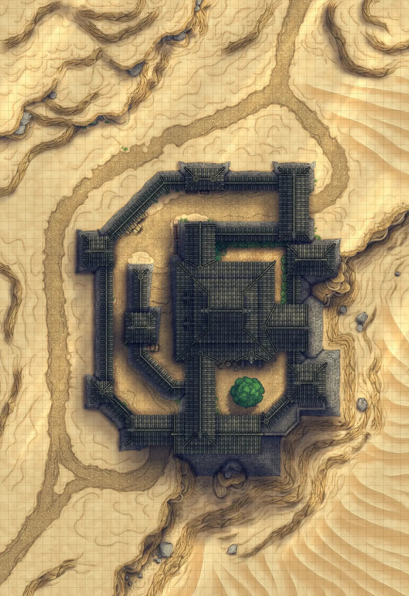 Japanese Castle Exterior Battlemap - desert fortress battle map - Digital, Foundry VTT, Print