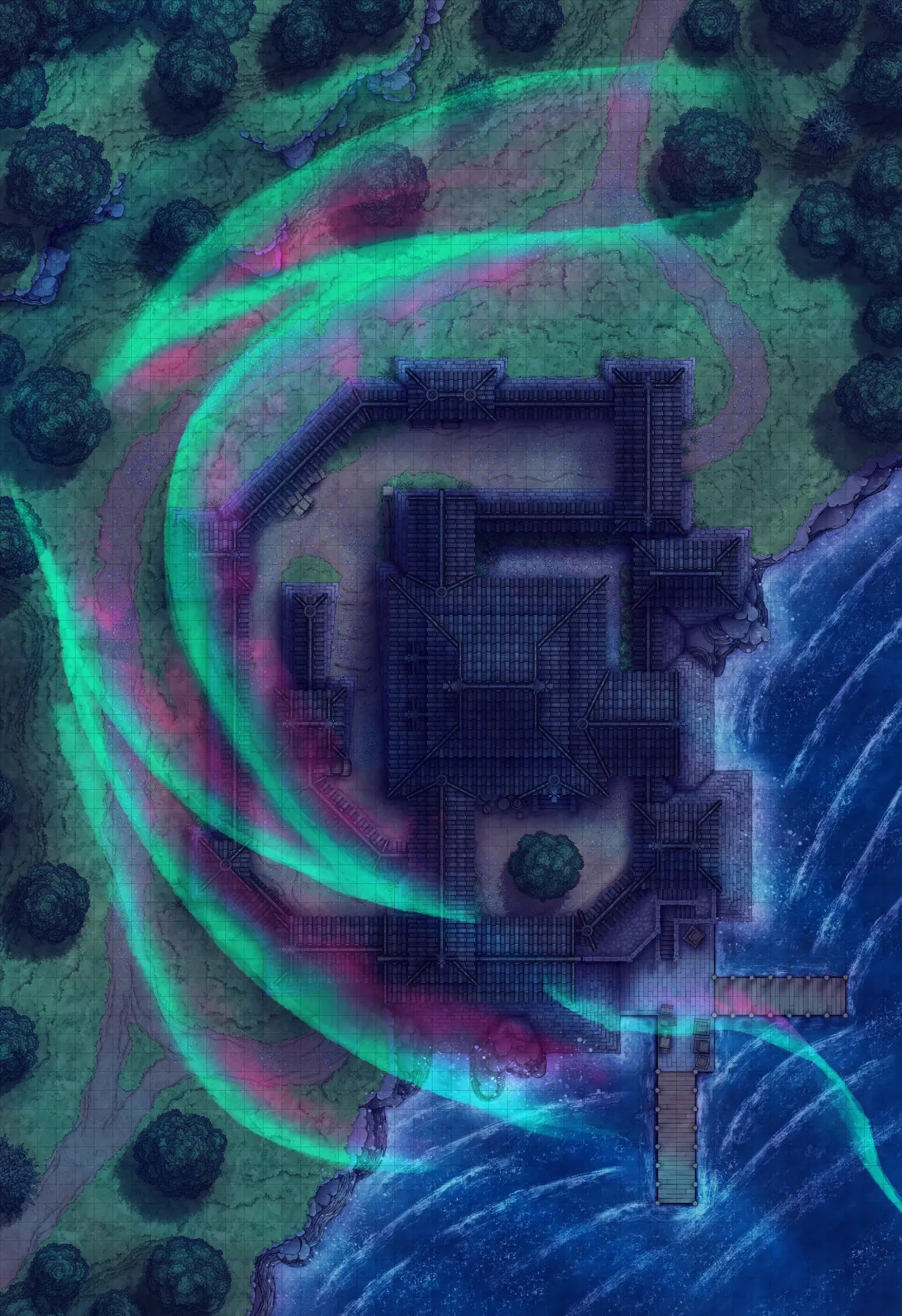 Japanese Castle Exterior Battlemap - fantasy castle magical aura - Digital, Foundry VTT, Print