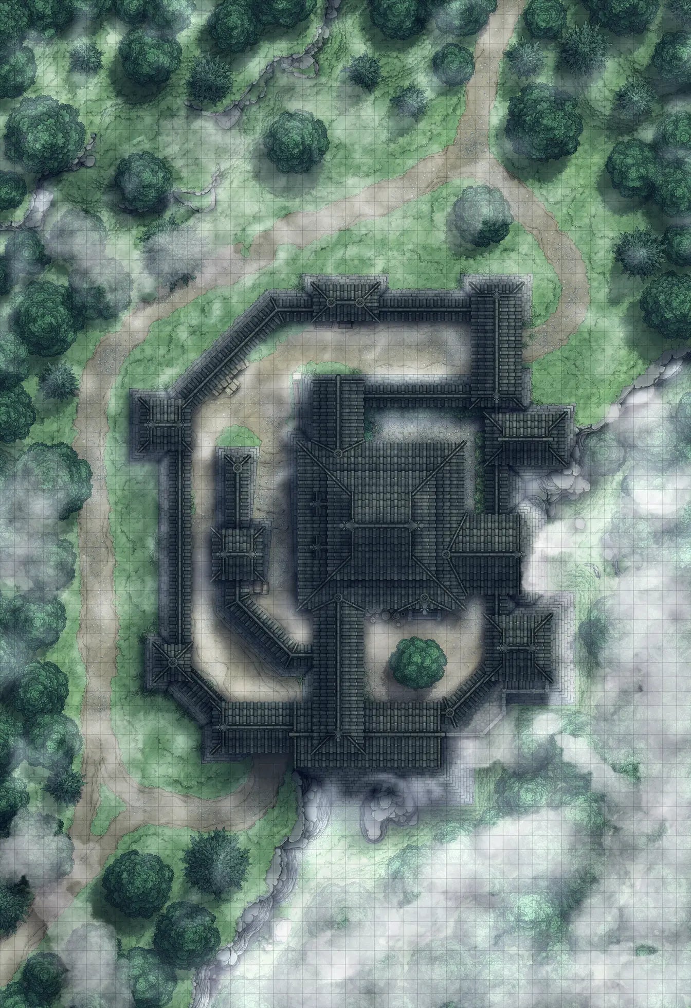 Japanese Castle Exterior Battlemap - fortified stone castle - Digital, Foundry VTT, Print