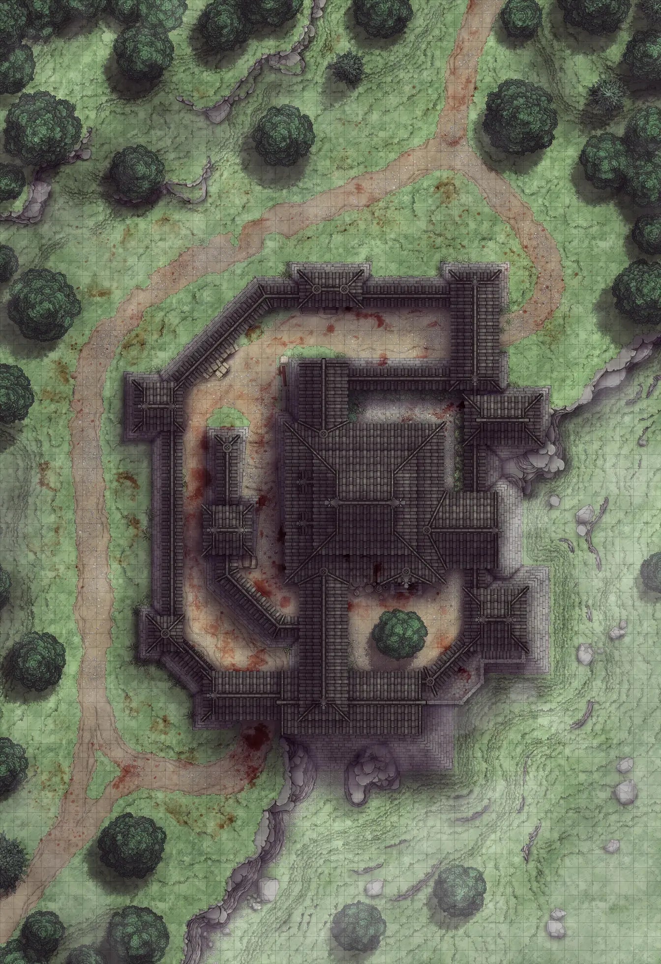 Japanese Castle Exterior Battlemap - overhead view dark fortified castle - Digital, Foundry VTT, Print