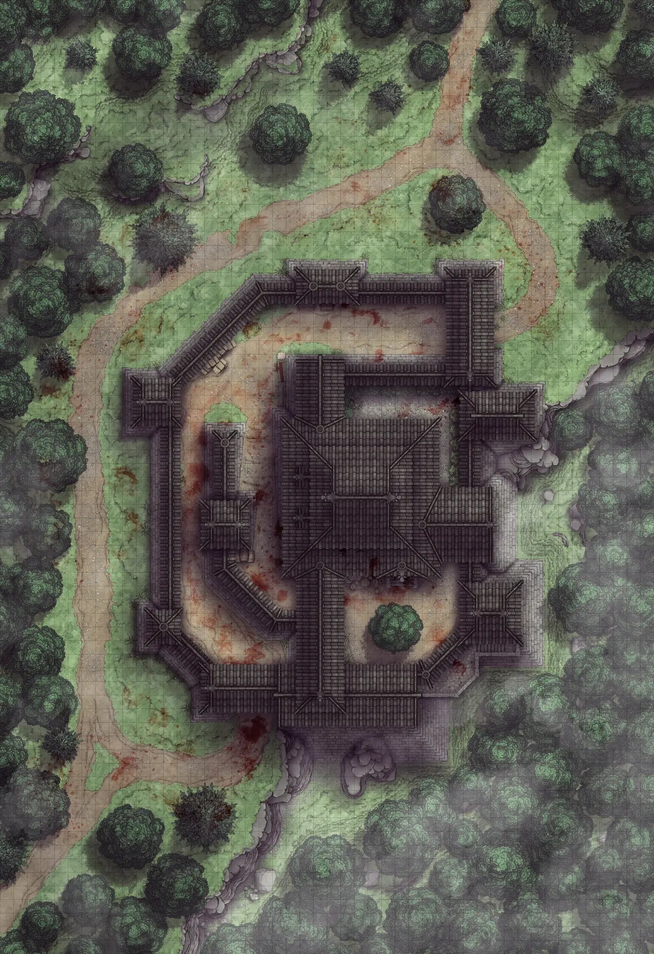 Japanese Castle Exterior Battlemap - overhead view dark fortified castle - Digital, Foundry VTT, Print