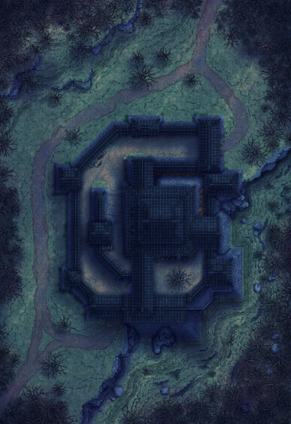 Japanese Castle Exterior Battlemap - overhead view dark stone castle - Digital, Foundry VTT, Print