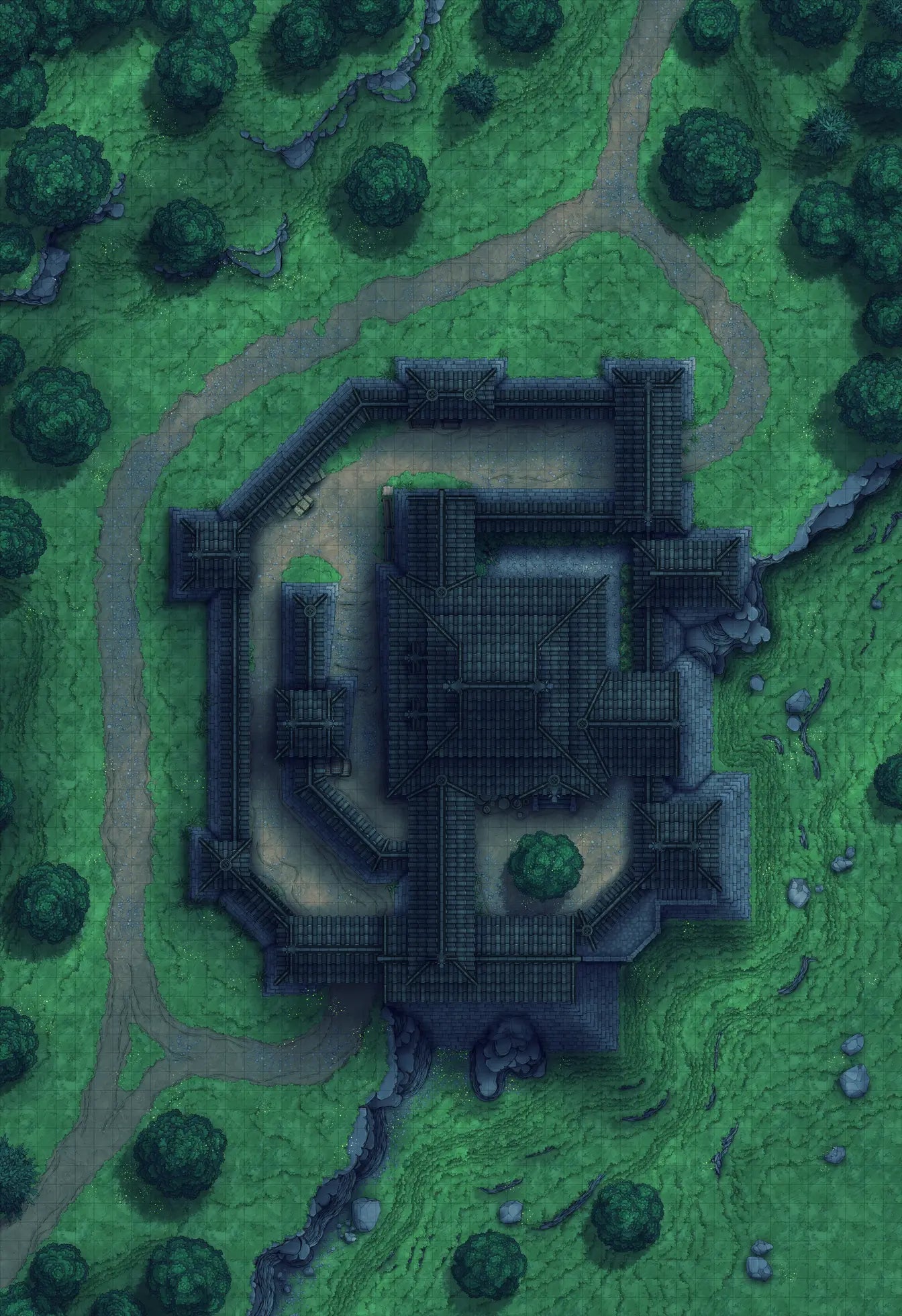 Japanese Castle Exterior Battlemap - overhead view dark stone castle - Digital, Foundry VTT, Print