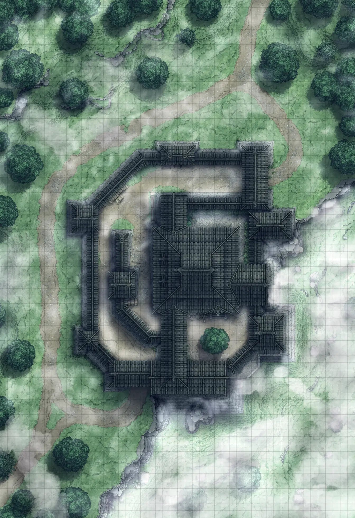 Japanese Castle Exterior Battlemap - overhead view dark stone fortress - Digital, Foundry VTT, Print