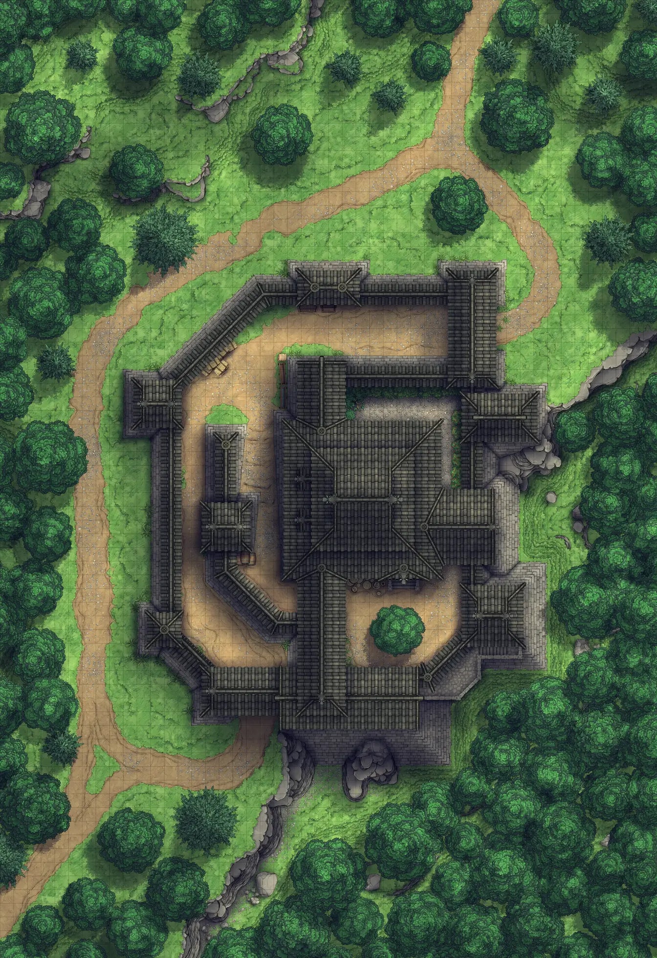 Japanese Castle Exterior Battlemap - overhead view fortified castle - Digital, Foundry VTT, Print
