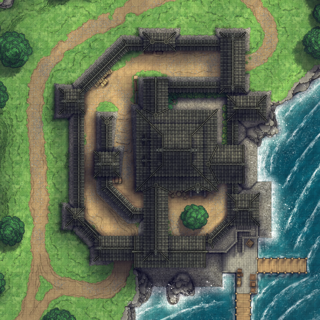 Japanese Castle Exterior Battlemap - overhead view lakeside fortress - Digital, Foundry VTT, Print
