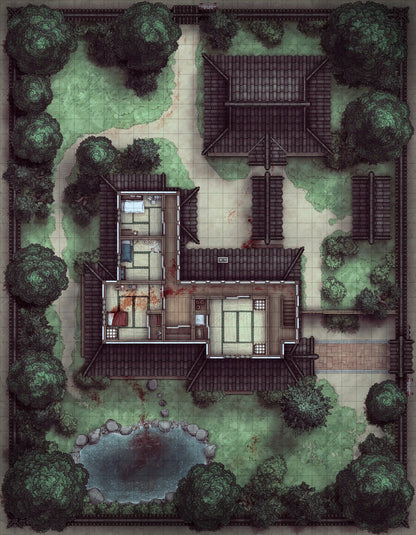 Japanese Manor - Tendo Dojo Battlemap - blood-stained japanese estate - Digital, Foundry VTT, Print